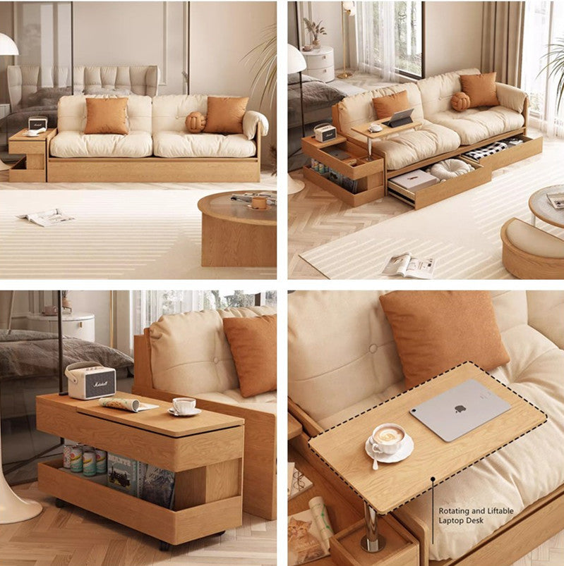 Multifunction Fabric High Box Storage Sofa with Armrest Table and Draw
