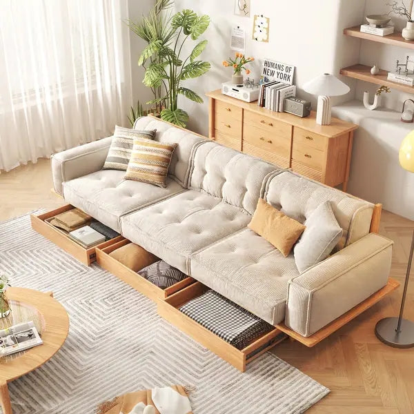 Japandi Solid Wood Frame Corduroy Fabric Sofa With Underneath