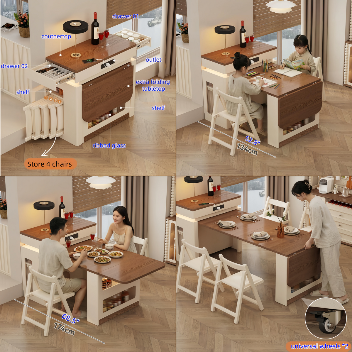 Extendable Solid Wood Kitchen Island Table with 4 Chairs Set – SPS ...