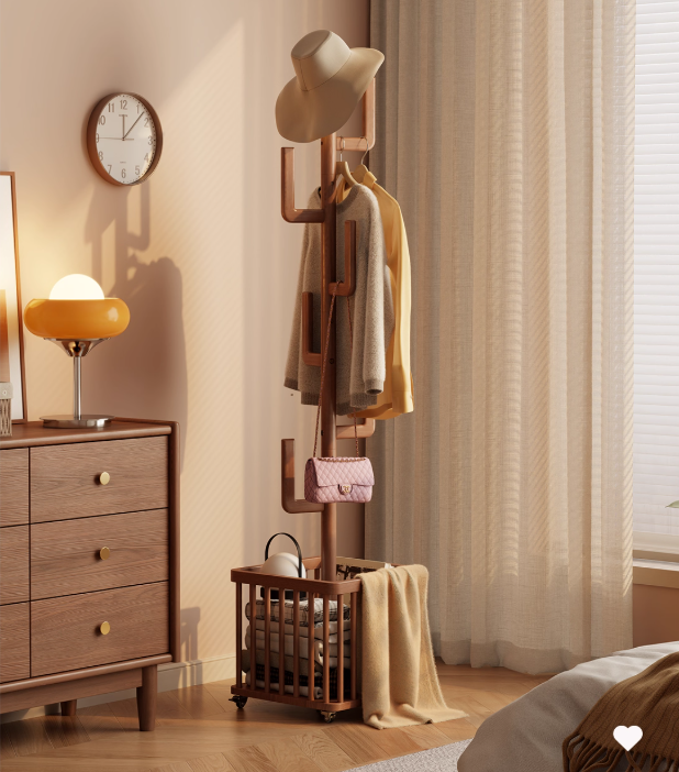 Solid Wood Cactus Coat Rack with Basket and Universal Wheels – SPS