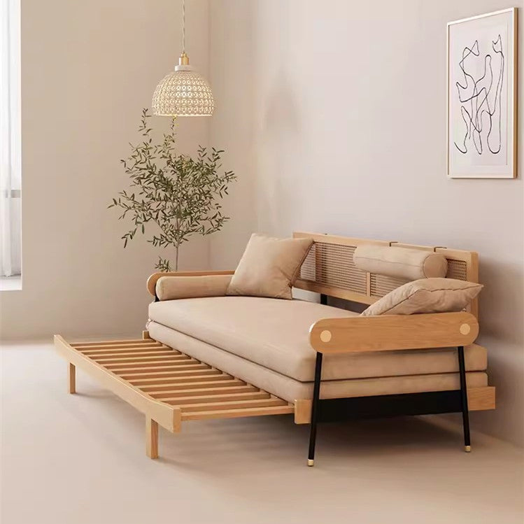 Japandi Solid Wood Minimalism Rattan Back Support Sofa Bed SPS FURNTIURE