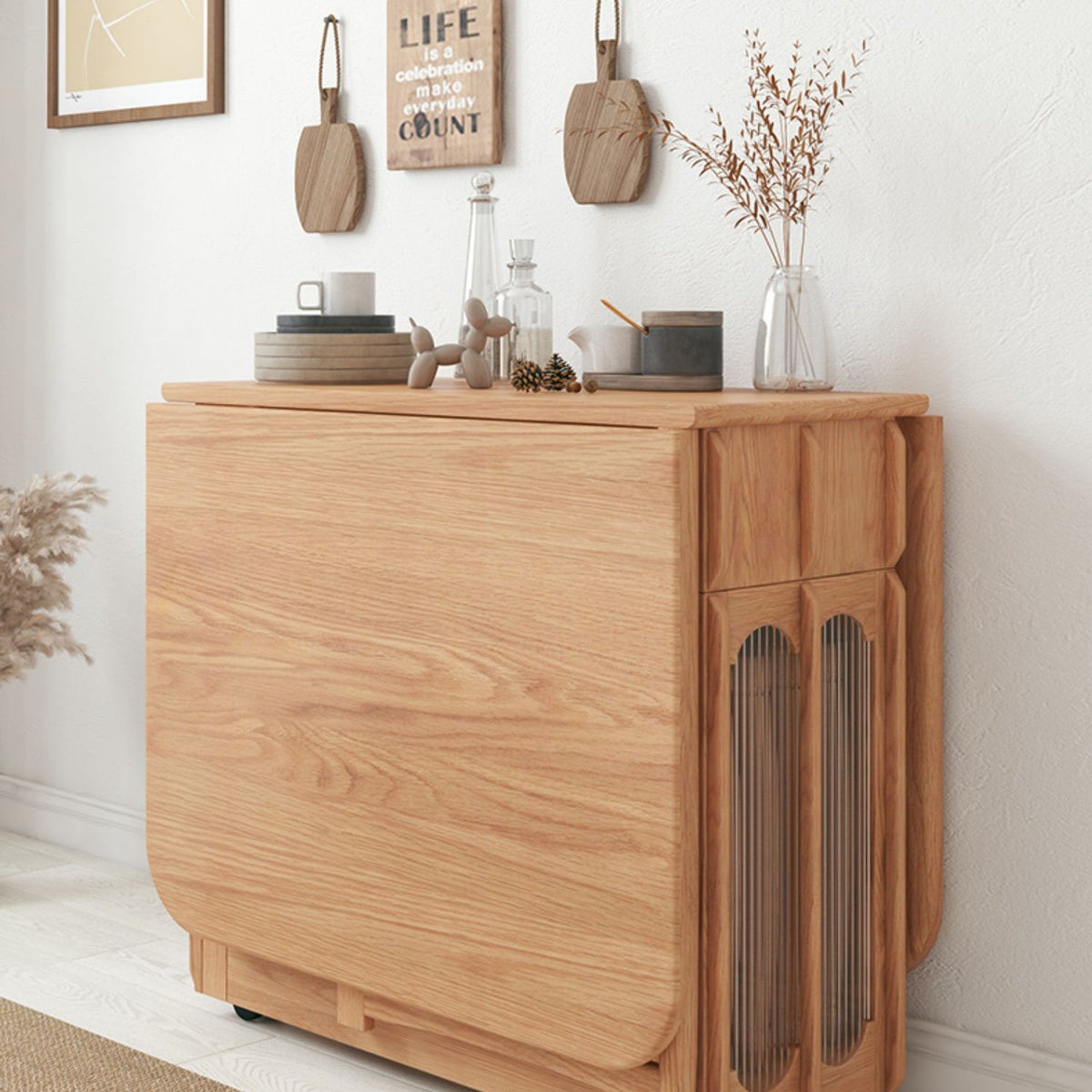 Double Drop Leaf Dining Table with Pegboard Hutch Cabinet – SPS FURNTIURE