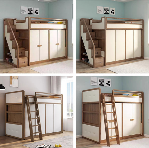 Solid Ash Wood Loft Bed with Underneath Wardrobe