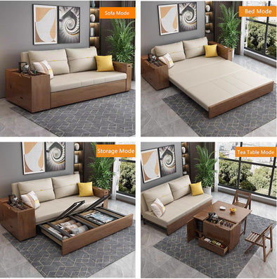 Multifunction Sofa Bed with Gongfu Tea Table Armrest and Underneath Storage
