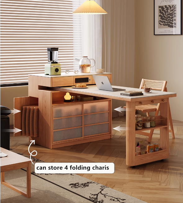 Rotating Island Table with Chair Storage and Sideboard Cabinet