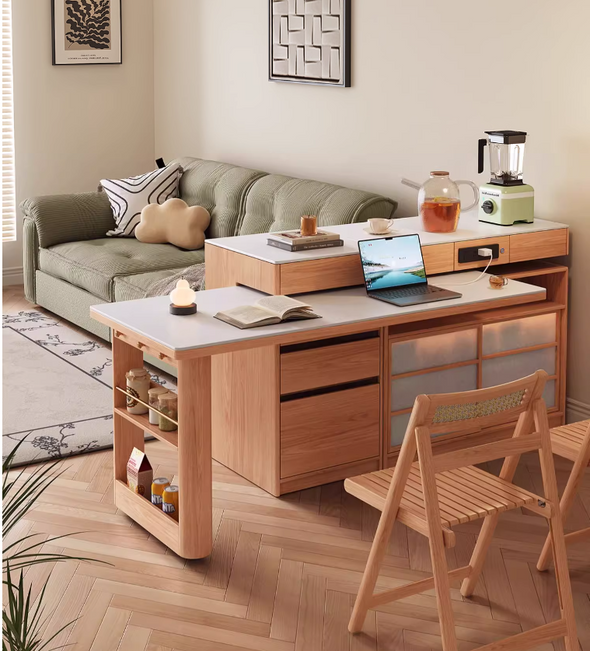 Rotating Island Table with Chair Storage and Sideboard Cabinet