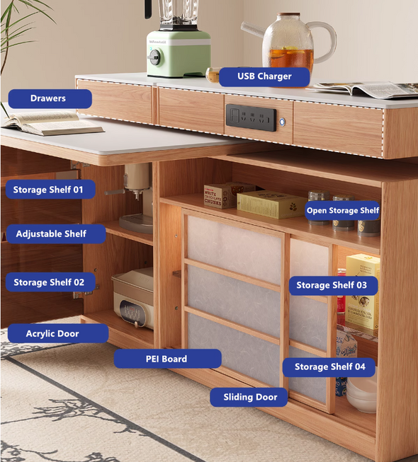 Rotating Island Table with Chair Storage and Sideboard Cabinet