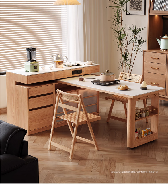 Rotating Island Table with Chair Storage and Sideboard Cabinet