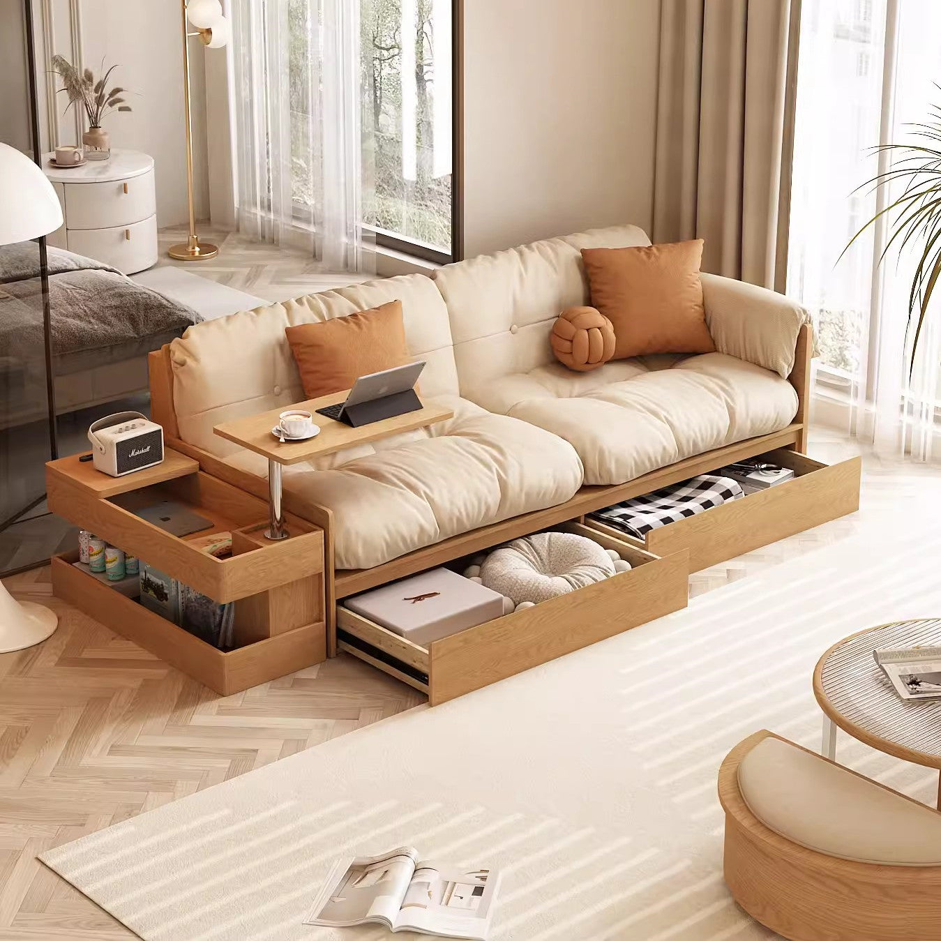 Multifunction Fabric High Box Storage Sofa with Armrest Table and Draw ...