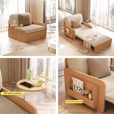 Japandi  Log Style Pull Out Sofa Bed with Rotating Armrest Tray and Storage