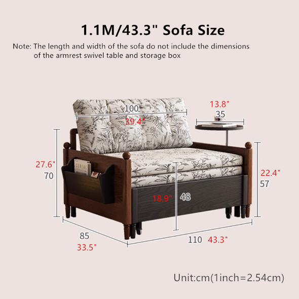 MARKSI Printed Fabric Sofa Bed with Rotating Armrest Table and Portable Storage Box