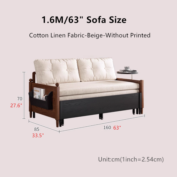 MARKSI Printed Fabric Sofa Bed with Rotating Armrest Table and Portable Storage Box