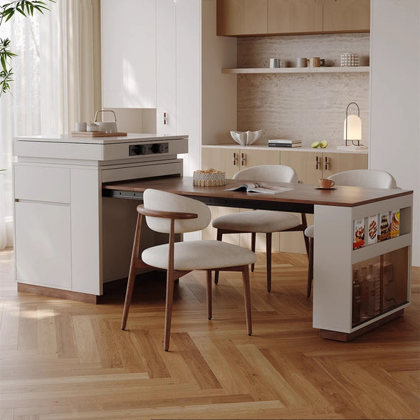 Multifunctional Extendable Kitchen Island Table with Sliding Countertop and  Ample Storage Cabinet