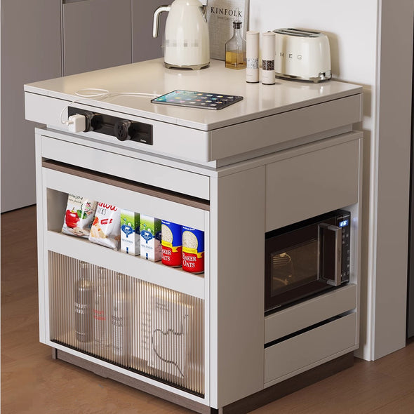 Multifunctional Extendable Kitchen Island Table with Sliding Countertop and  Ample Storage Cabinet