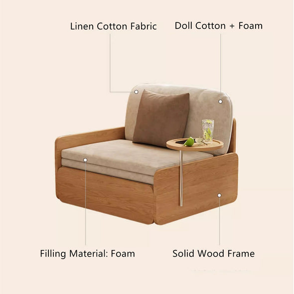 Japandi  Log Style Pull Out Sofa Bed with Rotating Armrest Tray and Storage