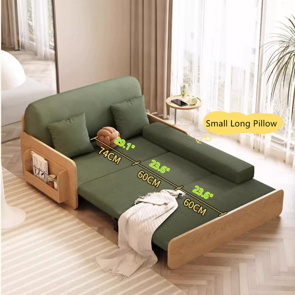 Japandi Log Style Pull Out Corduroy Fabric Sofa Bed with Rotating Armrest Tray and Storage