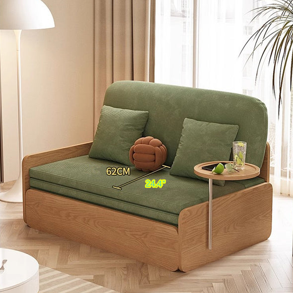 Japandi Log Style Pull Out Corduroy Fabric Sofa Bed with Rotating Armrest Tray and Storage