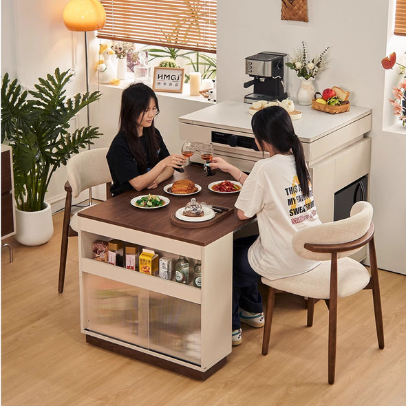 Multifunctional Extendable Kitchen Island Table with Sliding Countertop and  Ample Storage Cabinet