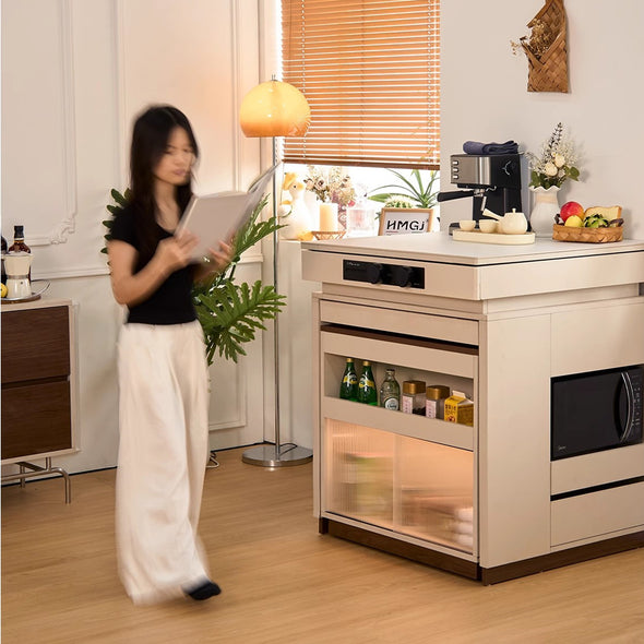Multifunctional Extendable Kitchen Island Table with Sliding Countertop and  Ample Storage Cabinet