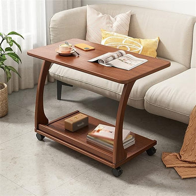 Solid Wood C-Shaped End Table with Rolling Wheels