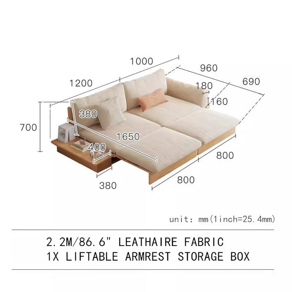 Japandi Solid Wood Sofa Bed with Liftable Armrest Storage Box