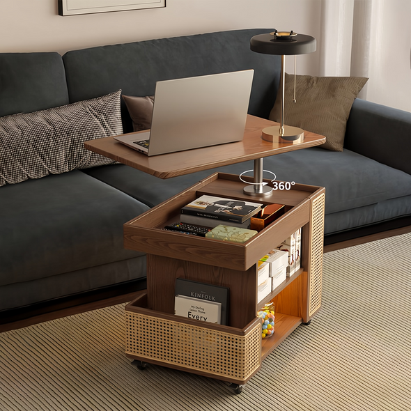 Solid Wood Liftable Tabletop Coffee Table with Storage and Universal Wheels