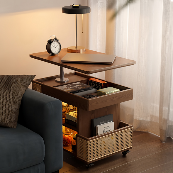 Solid Wood Liftable Tabletop Coffee Table with Storage and Universal Wheels