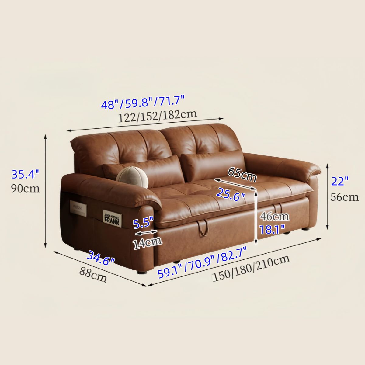 3-in-1 オイルワックスレザー製コンバーチブルソファベッド（背もたれ