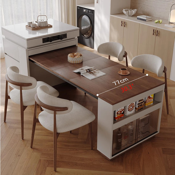 Multifunctional Extendable Kitchen Island Table with Sliding Countertop and  Ample Storage Cabinet