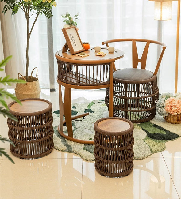 Space Saving Aluminium Frame PE Braided Rope Table Stackable Chairs for Porch Backyard Balcony Garden