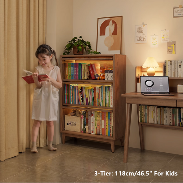 Solid Wood  Bookcase with Tempered Glass Flip-Up Doors