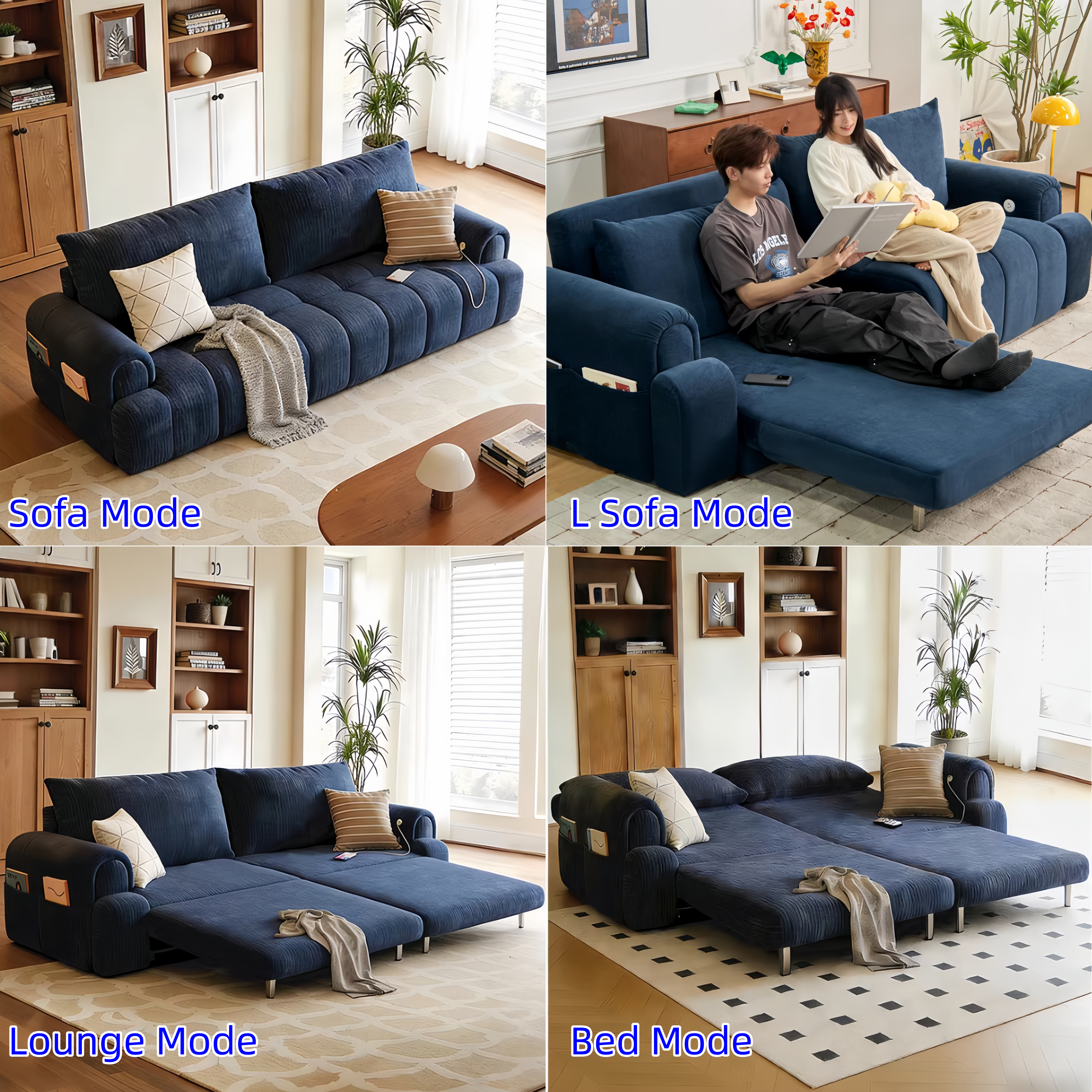 4-in-1 コンバーチブル クリームパフ シェニール生地ソファベッド