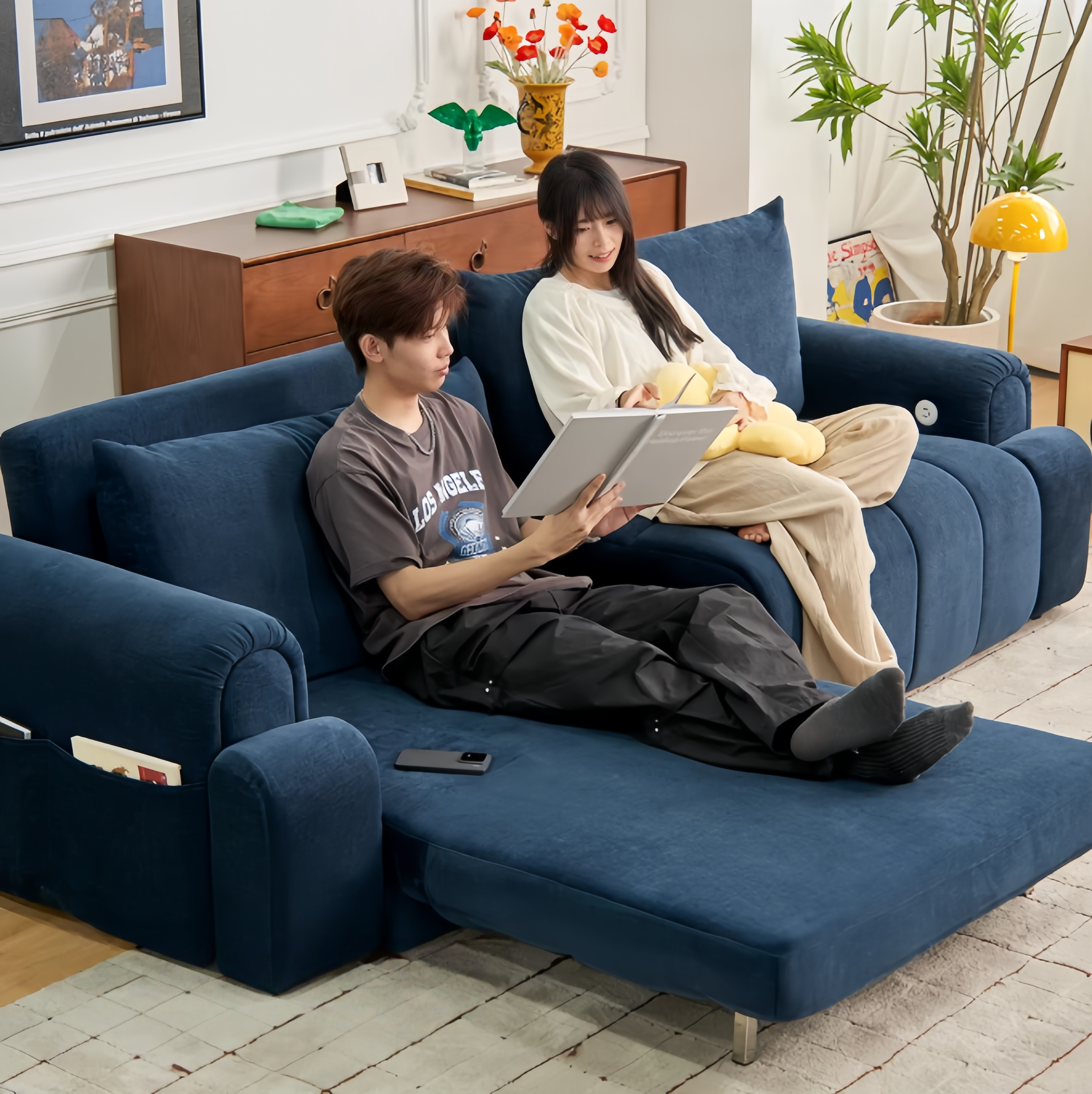 4-in-1 コンバーチブル クリームパフ シェニール生地ソファベッド