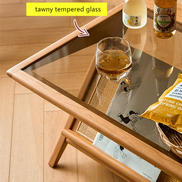 Solid Wood Rectangular Coffee Table with Tawny Tempered Glass Top and Storage