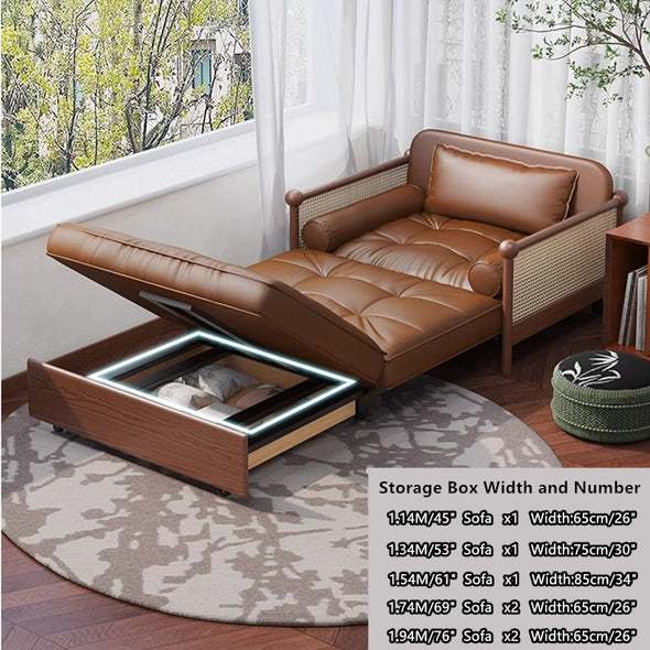 Rattan Weaving Armrests Leathaire Fabric Retro Sofa Bed with Underneath Storage