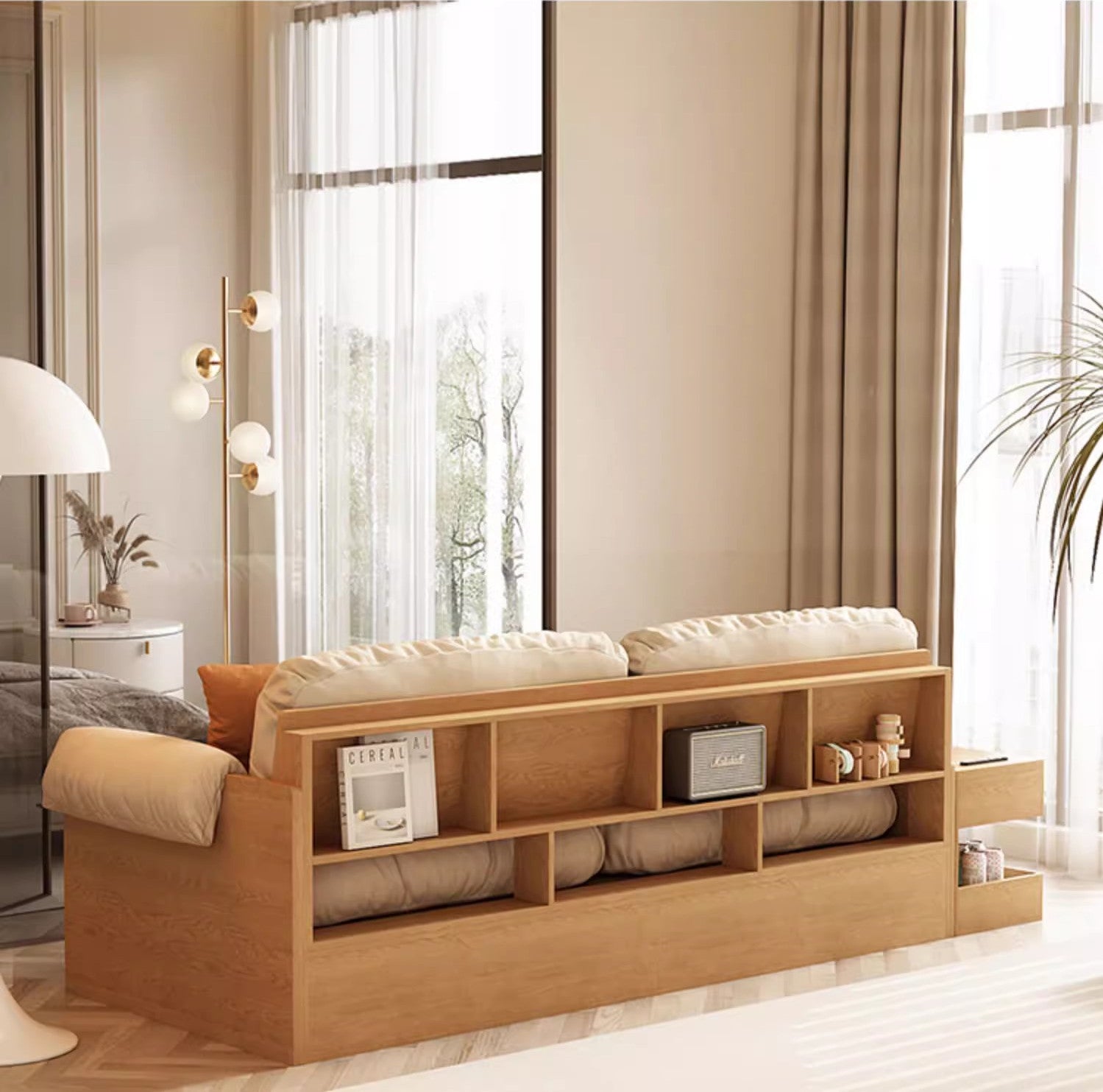 Multifunction Fabric High Box Storage Sofa with Armrest Table and Draw ...