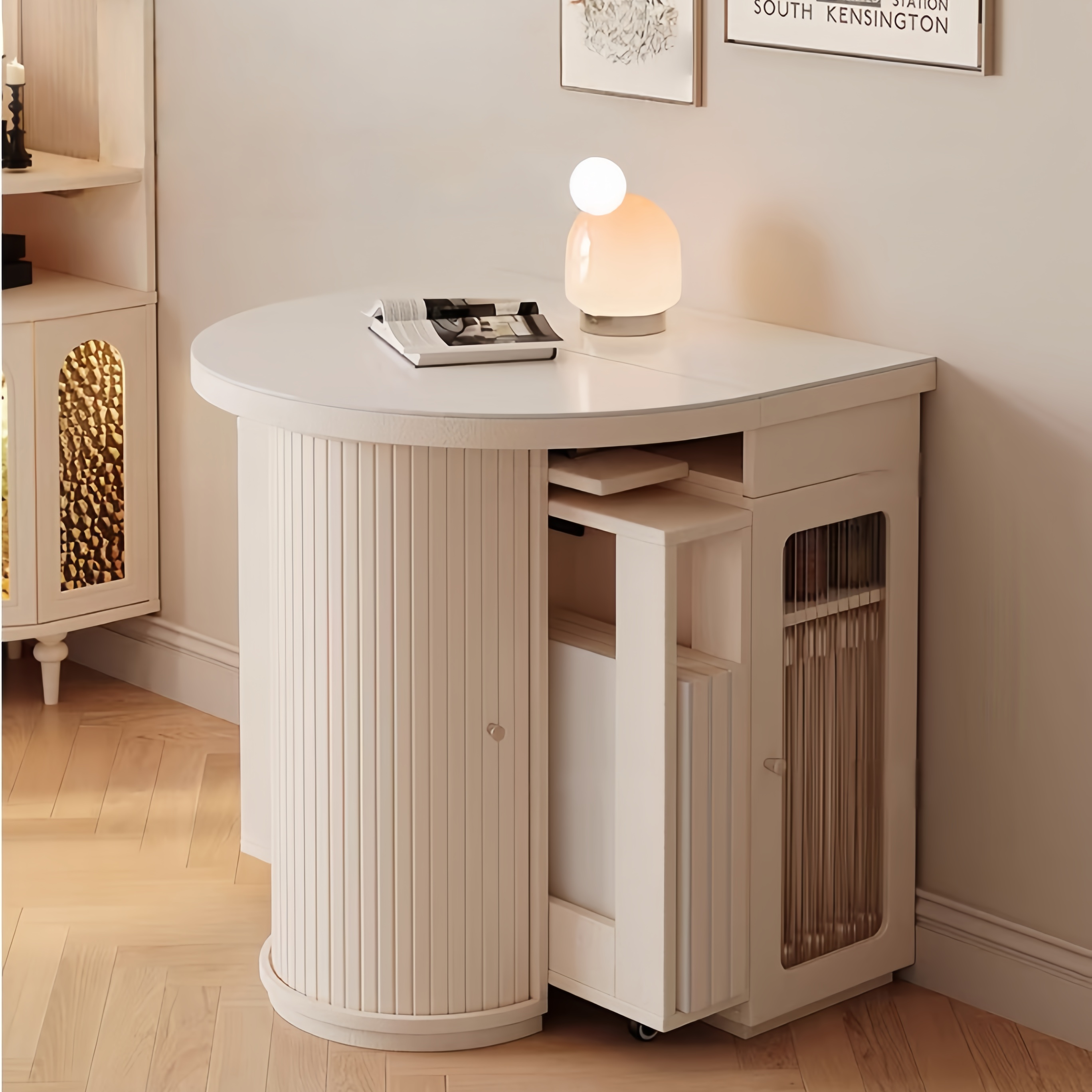 Creamy White Solid Wood Extendable Dining Table with Hidden