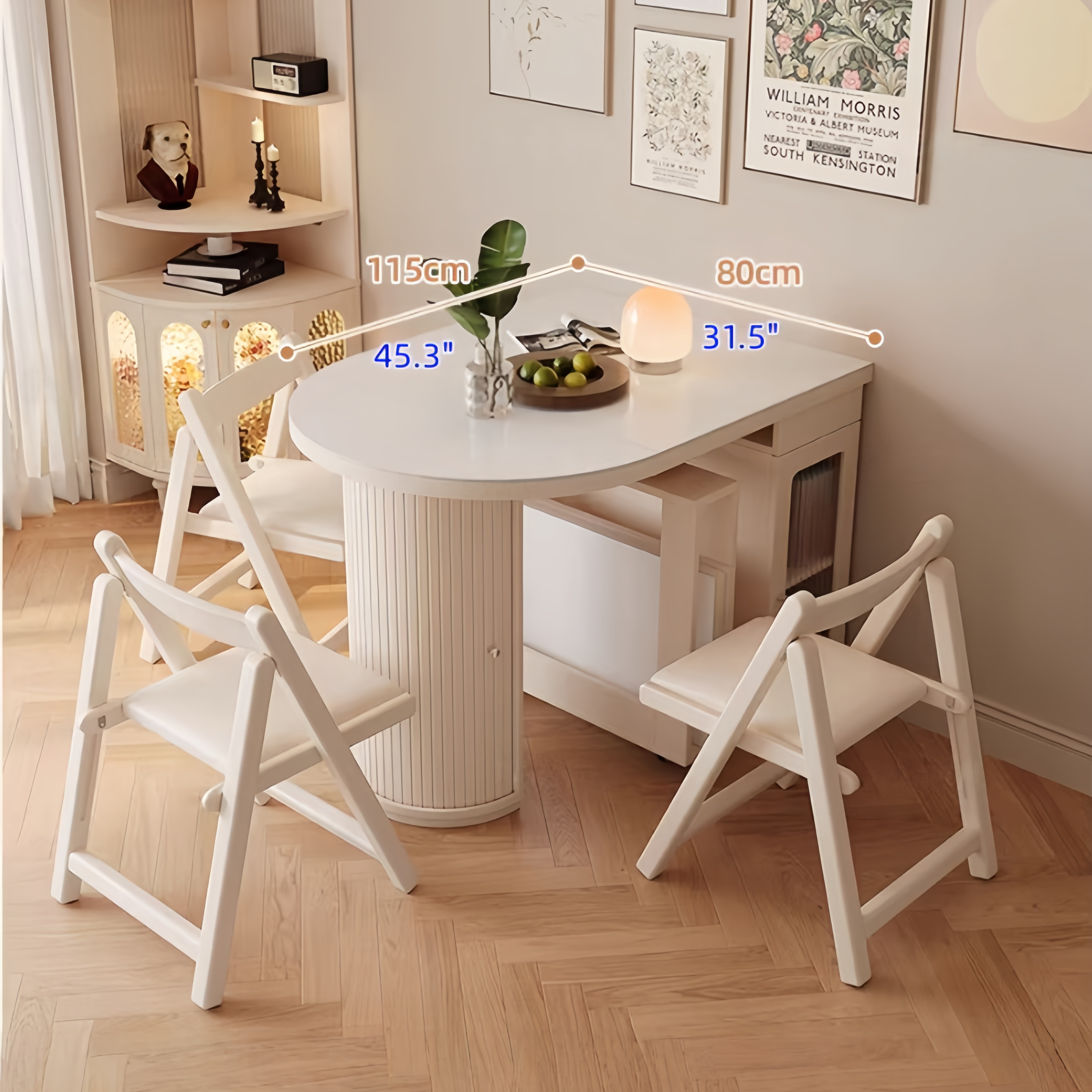 Creamy White Solid Wood Extendable Dining Table with Hidden