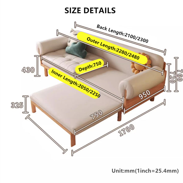 Japandi Solid Wood  Recessed Arms Folding Sleeper Sofa Bed