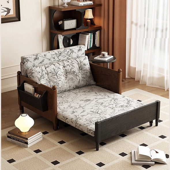 MARKSI Printed Fabric Sofa Bed with Rotating Armrest Table and Portable Storage Box