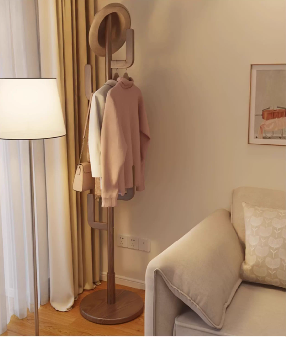 Solid Wood Cactus Coat Rack with Basket and Universal Wheels