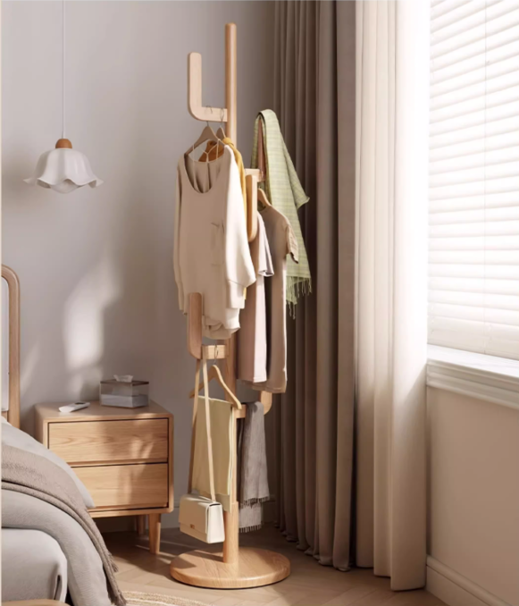 Solid Wood Cactus Coat Rack with Basket and Universal Wheels