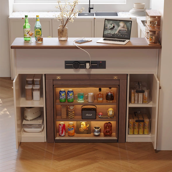 Wooden kitchen island with shelves displaying various items in a modern kitchen setting.