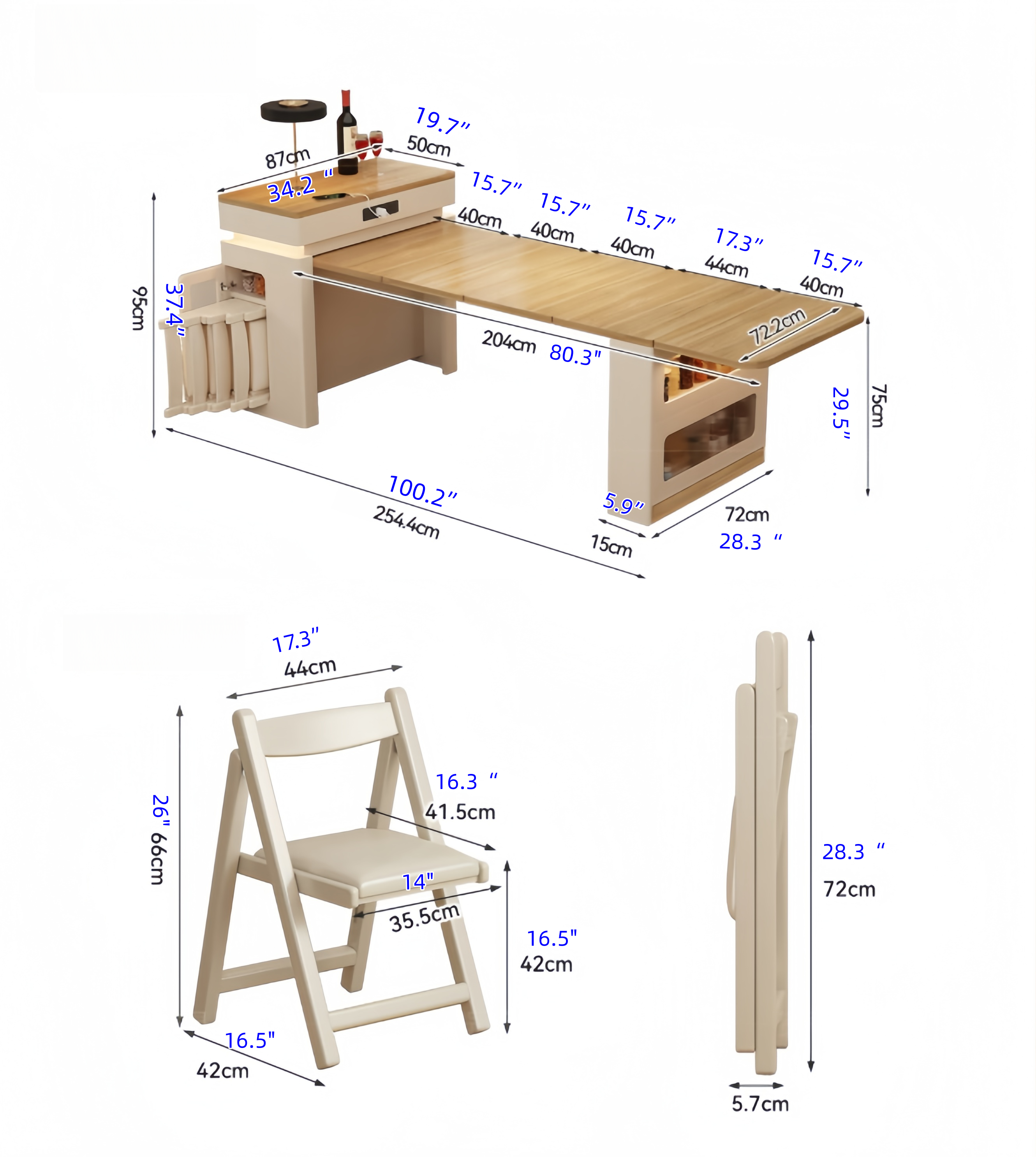 Extendable Solid Wood Kitchen Island Table with 4 Chairs Set – SPS