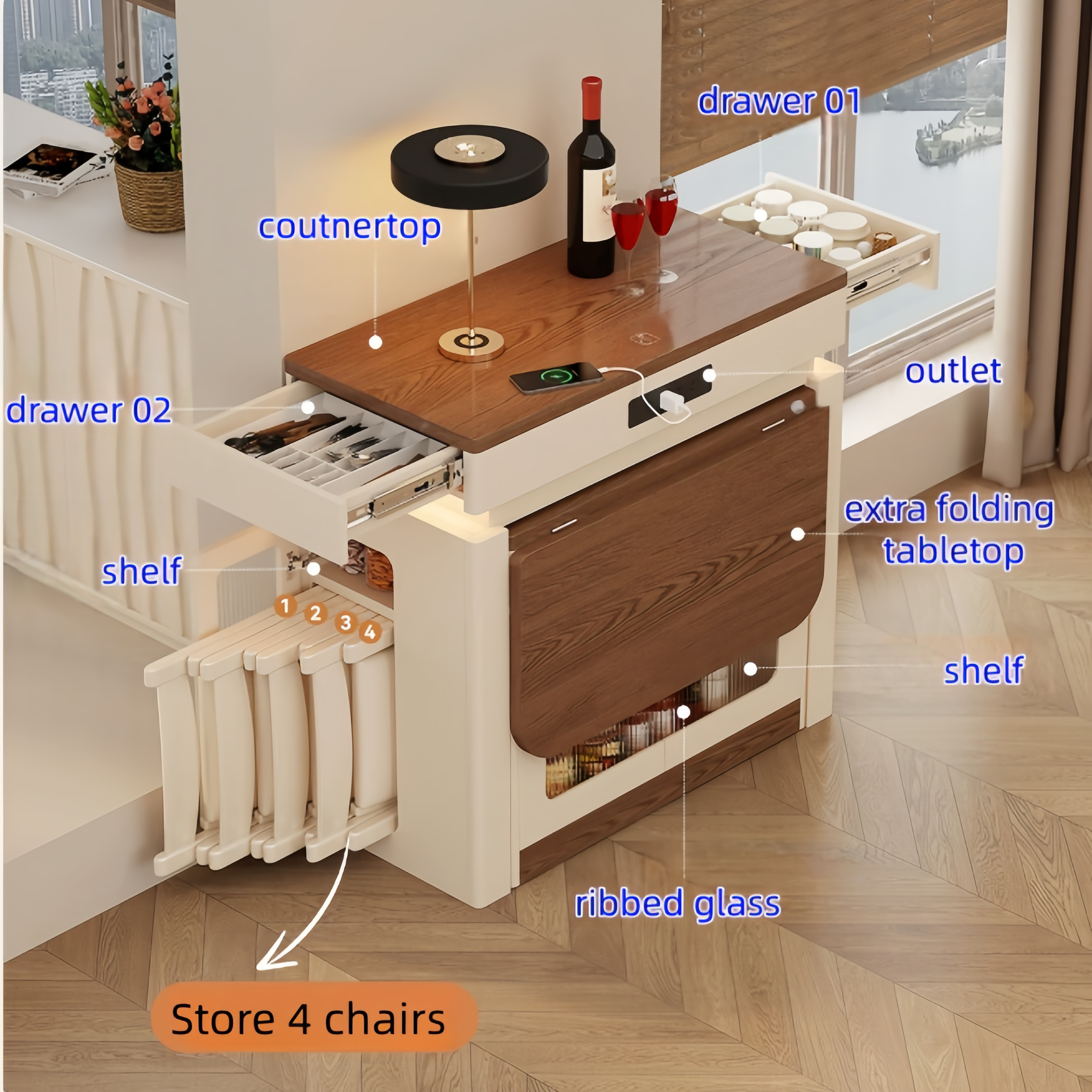 Extendable Solid Wood Kitchen Island Table with 4 Chairs Set – SPS ...