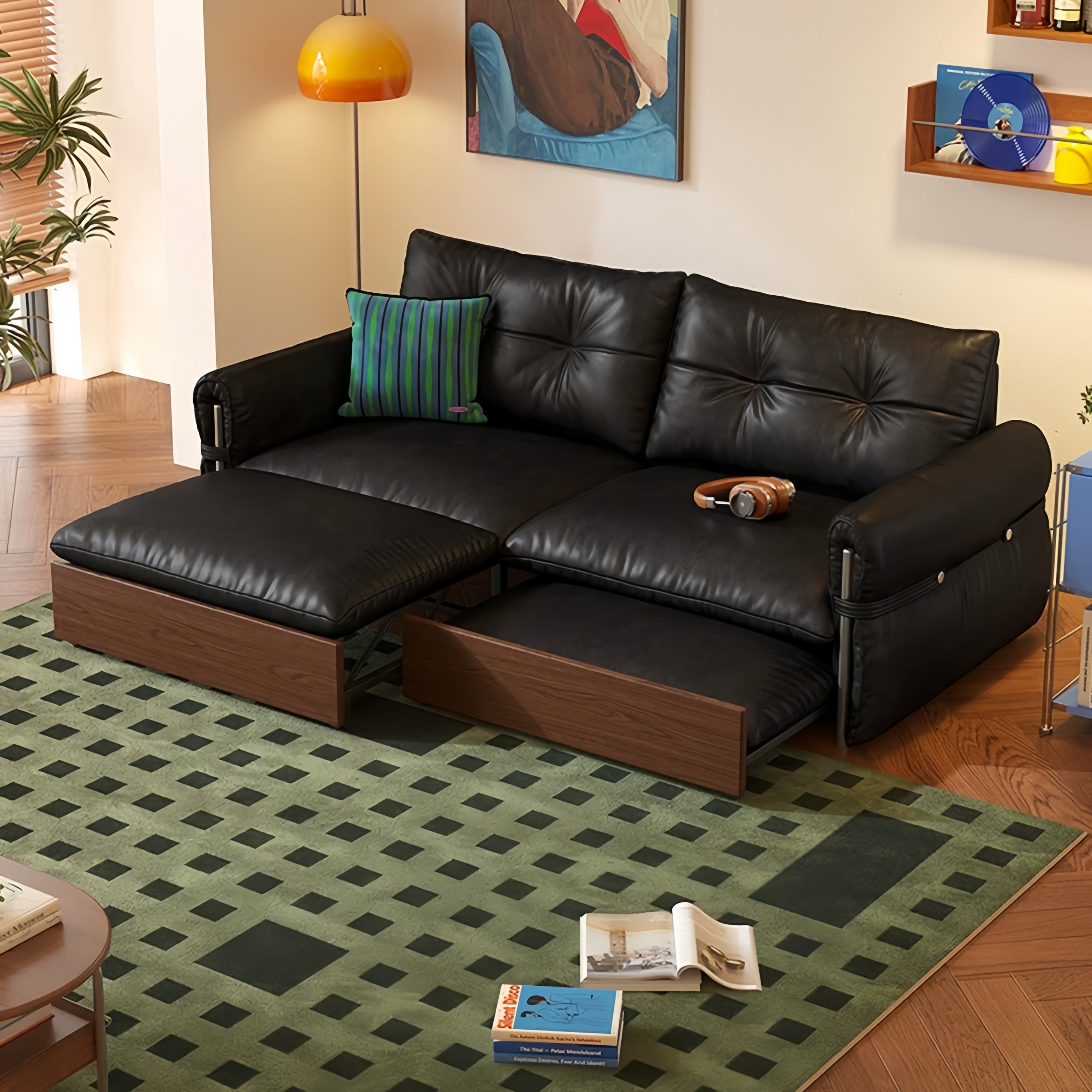 HERBURN 4-in-1 オイルワックスレザー製コンバーチブルソファベッド