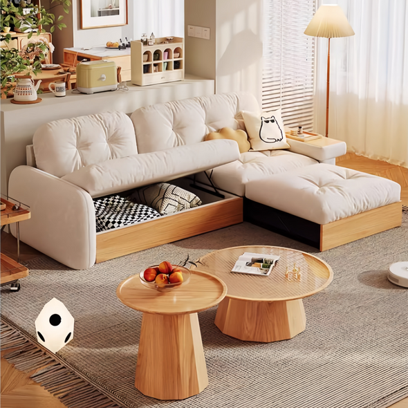 Japandi Pull Out Lounge Chaise and Sofa with Underneath Storage