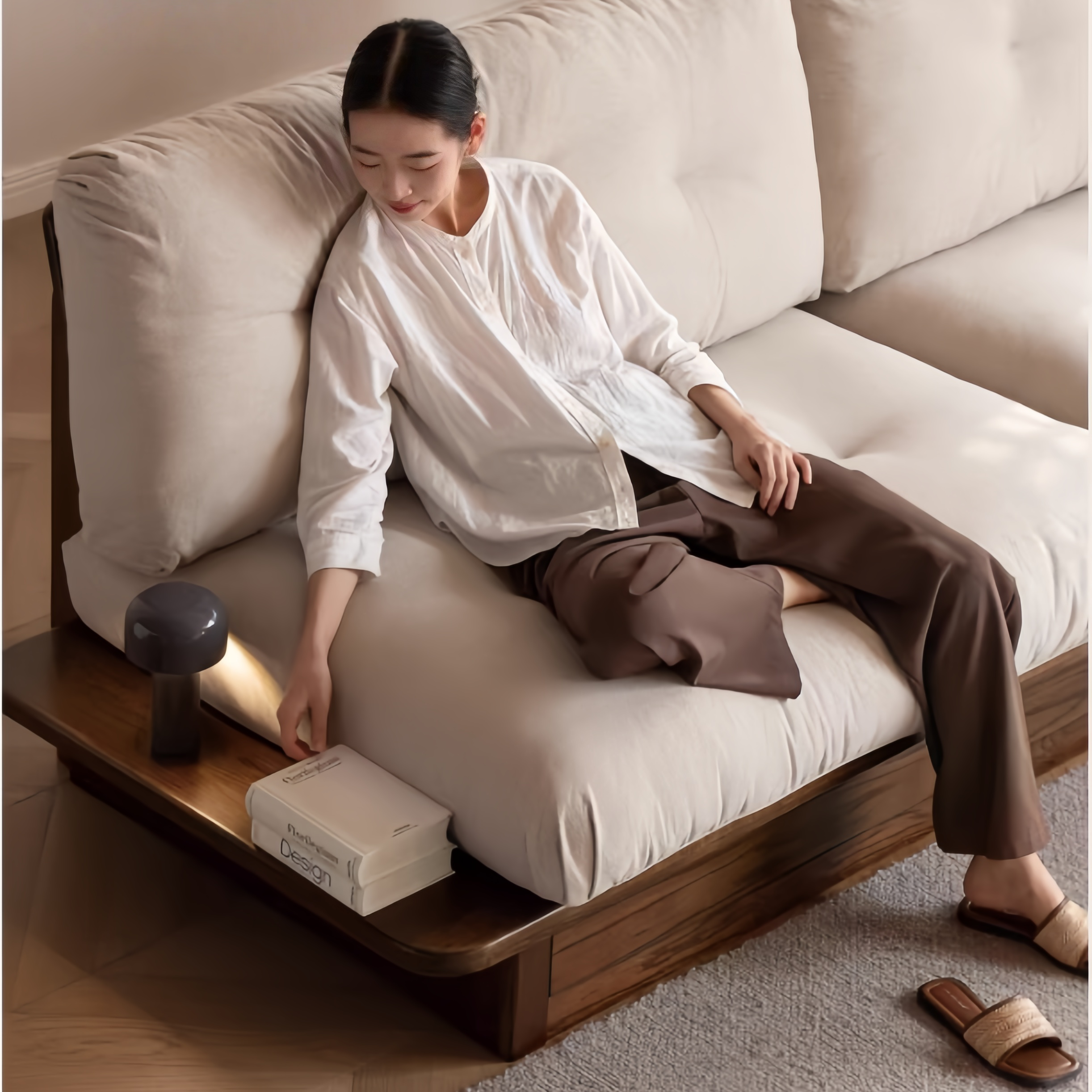 ソファ Japandi Solid Oak Wood Frame Sofa with Large Under-Seat Storage