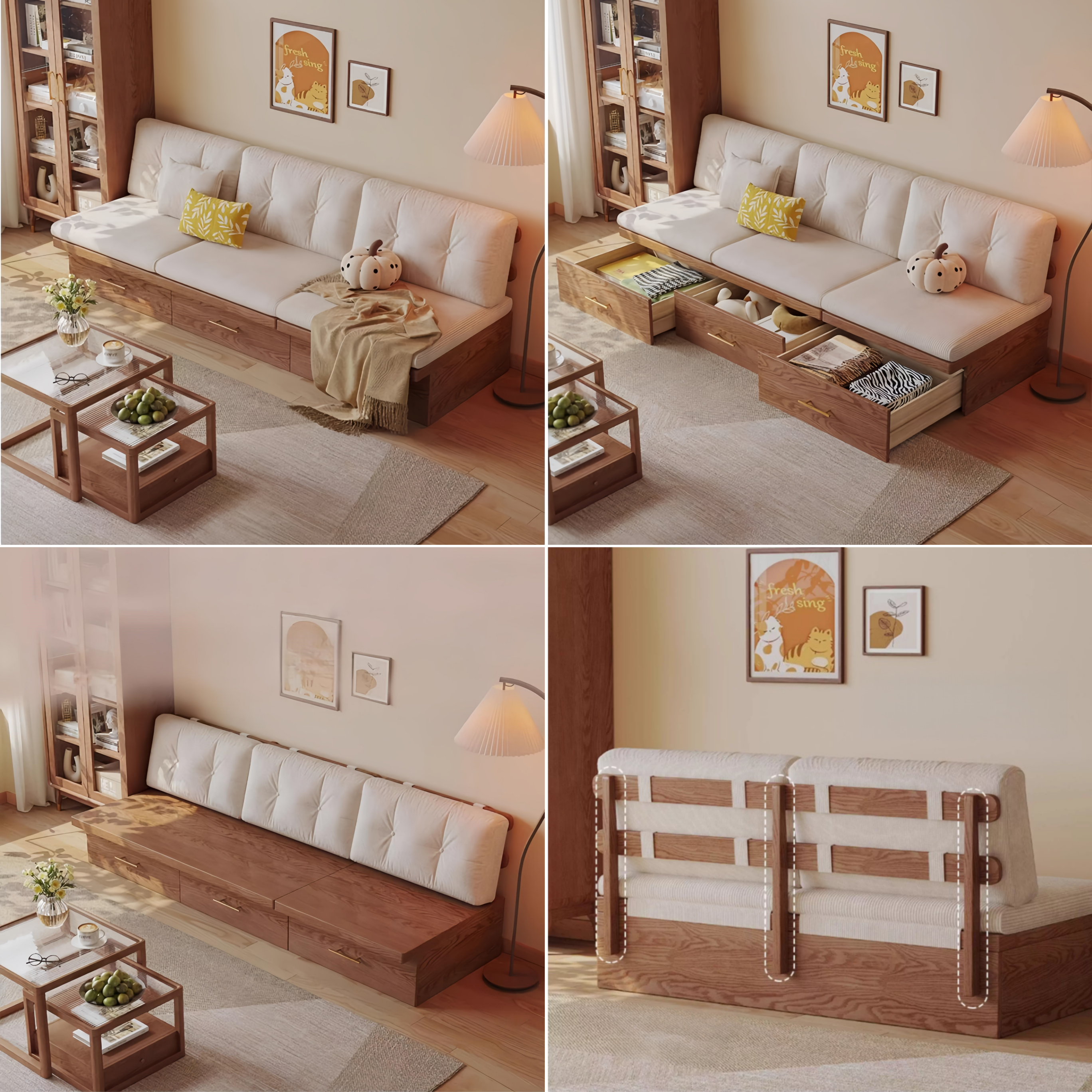 Japandi Solid Wood Floor Sofa with Hidden Storage Drawers – SPS
