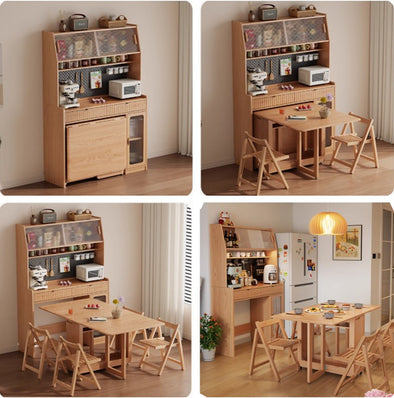 Kitchen Hutch Cabinet with Double Drop Leaf Dining Table and 4 Folding Chairs